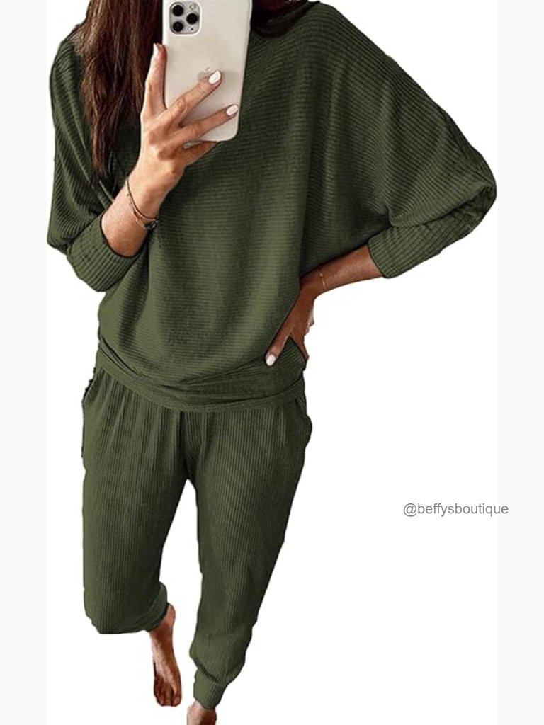 Women's Long Sleeve Ribbed Lounge Set Tracksuit Pajamas Size Medium